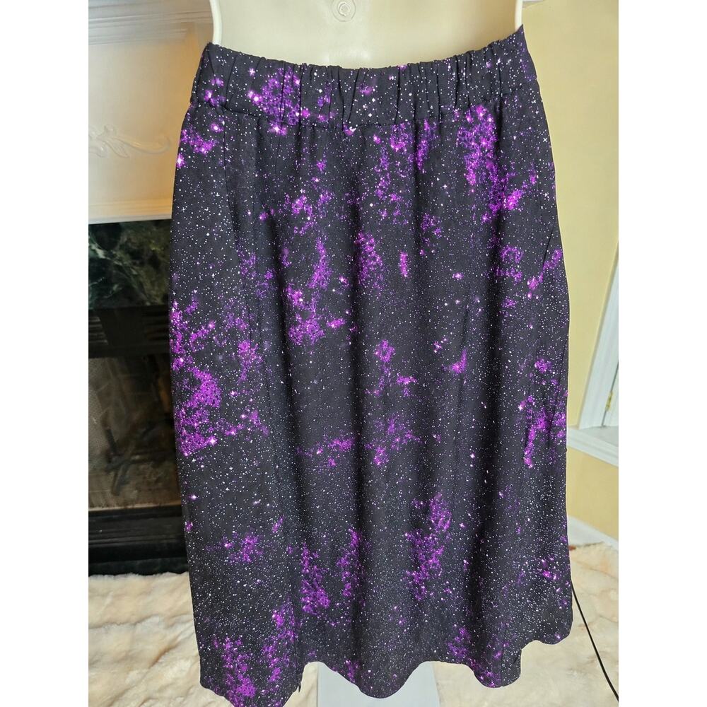 Tulip B Womens X-Large NWT Black Purple Galaxy Print A Line Midi Skirt Pockets - Picture 3 of 7
